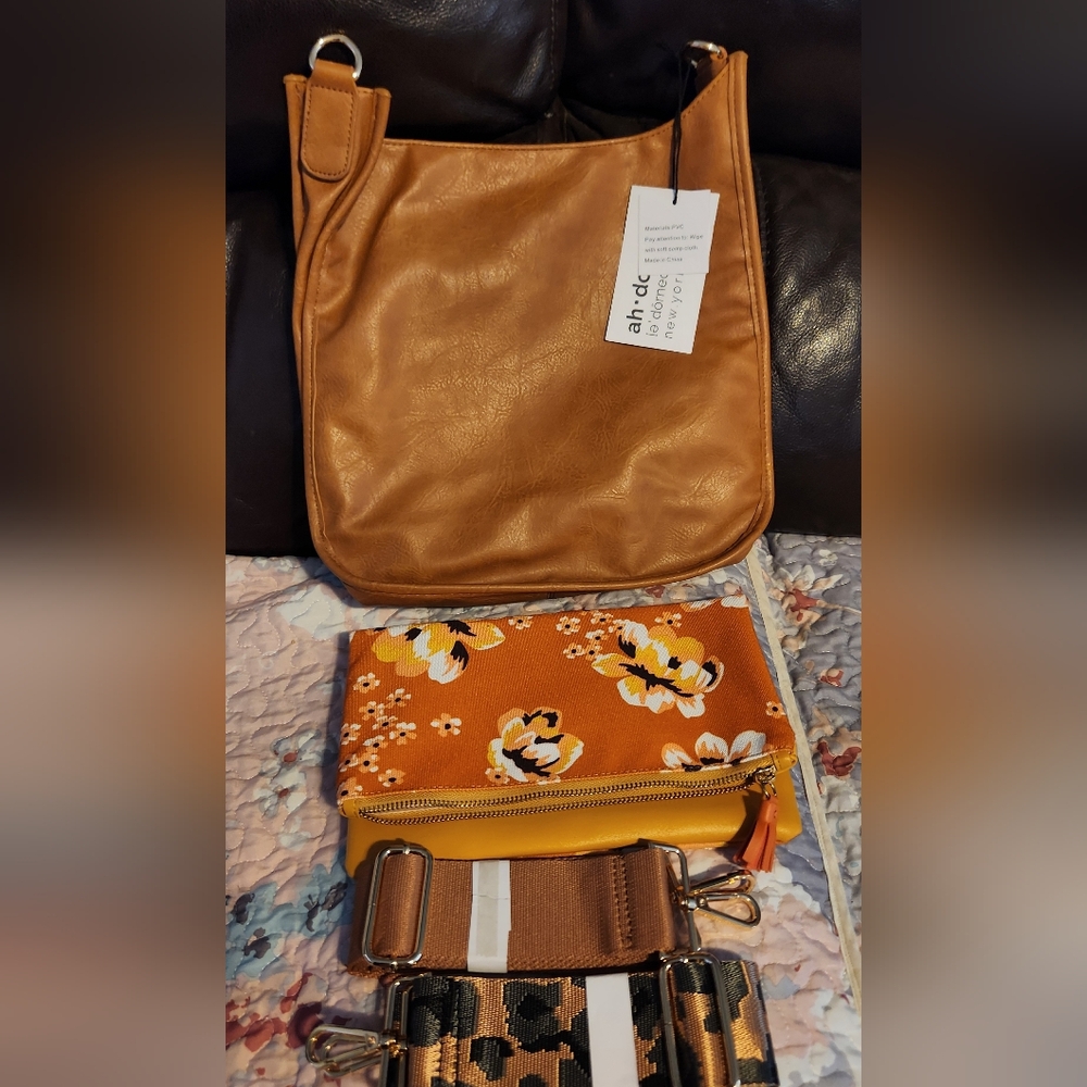 Brown and Orange Crossbody Bags with Floral Design